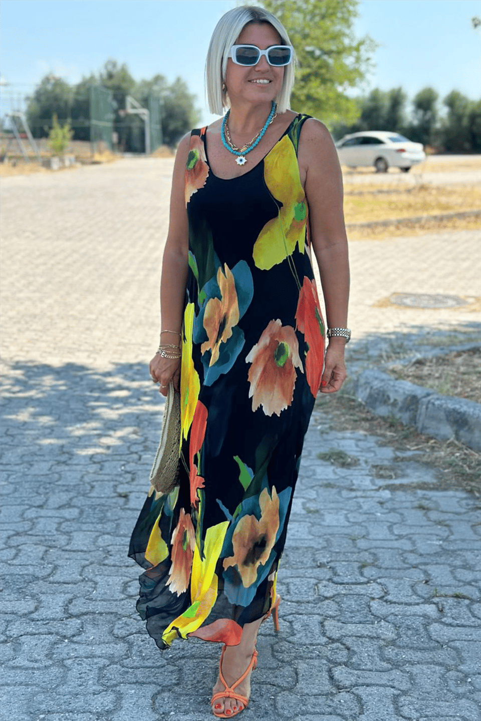 Kara | Floral silk chiffon maxi dress with U-neckline