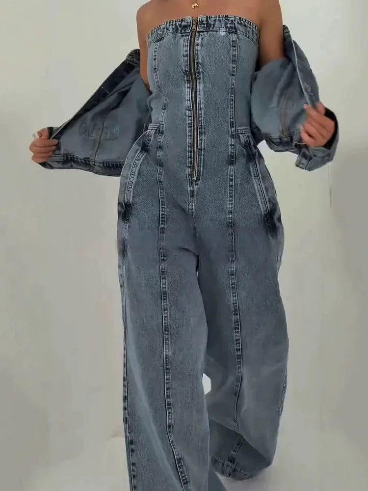 Belinda™ | Chic Denim Zipper Jumpsuit with Matching Jacket Set