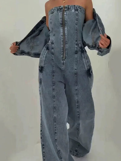 Belinda™ | Chic Denim Zipper Jumpsuit with Matching Jacket Set