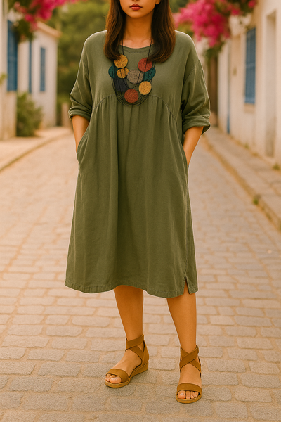 Bryony™ | Round Neck Sleeve Solid Color Dress with Pockets