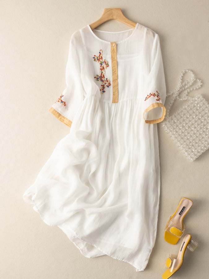 Naomi | Ethnic-Style Embroidered Cotton & Linen Dress