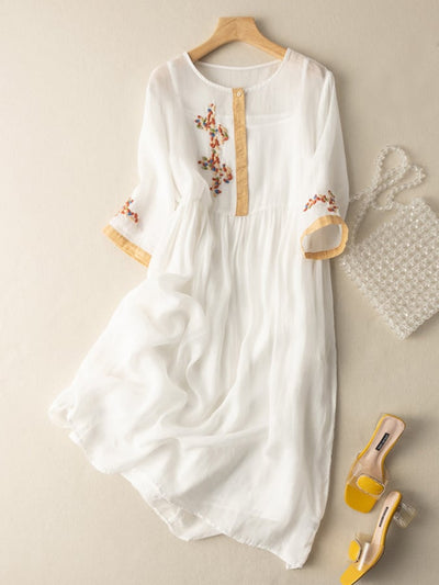 Naomi | Ethnic-Style Embroidered Cotton & Linen Dress