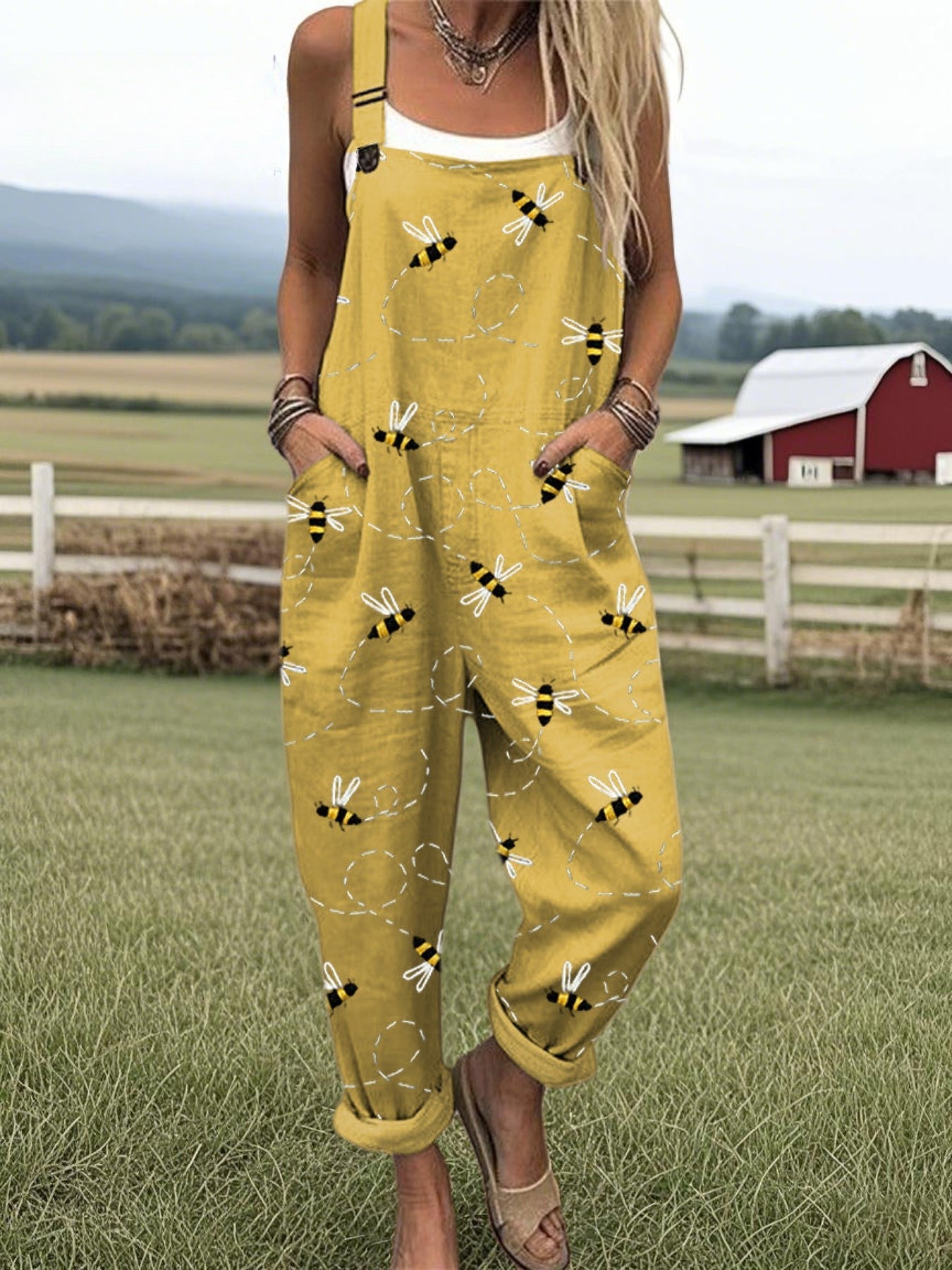 Monica ™ | Flying Bees Embroidery Pattern Casual Cotton Wide Leg Jumpsuit