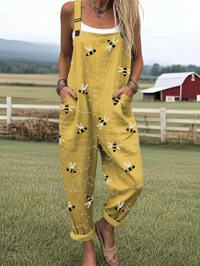 Monica ™ | Flying Bees Embroidery Pattern Casual Cotton Wide Leg Jumpsuit