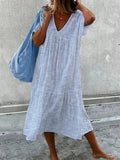 Women's Striped Midi Dress – Cotton Blend V-Neck