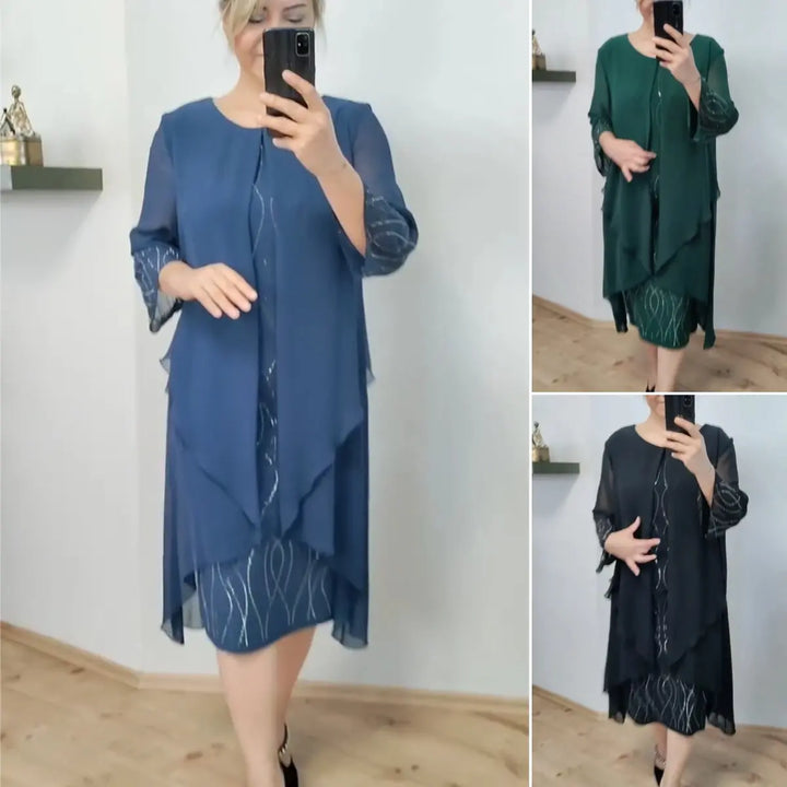 Front view of three elegant chiffon ruffle midi dresses in blue, green, and black worn by models