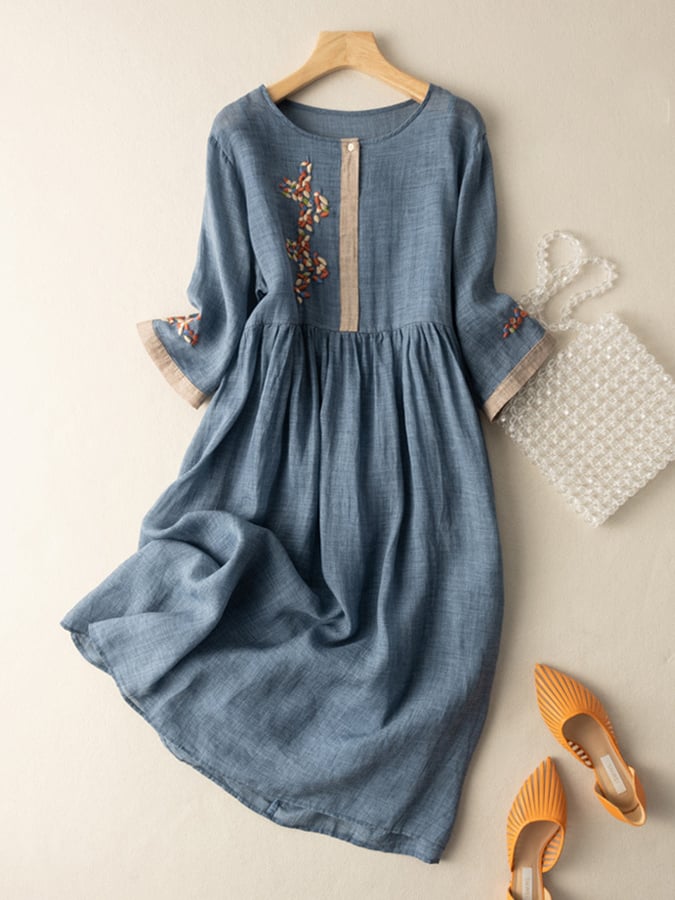 Naomi | Ethnic-Style Embroidered Cotton & Linen Dress