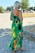Women's Floral Silk Chiffon Maxi Dress – U-Neckline