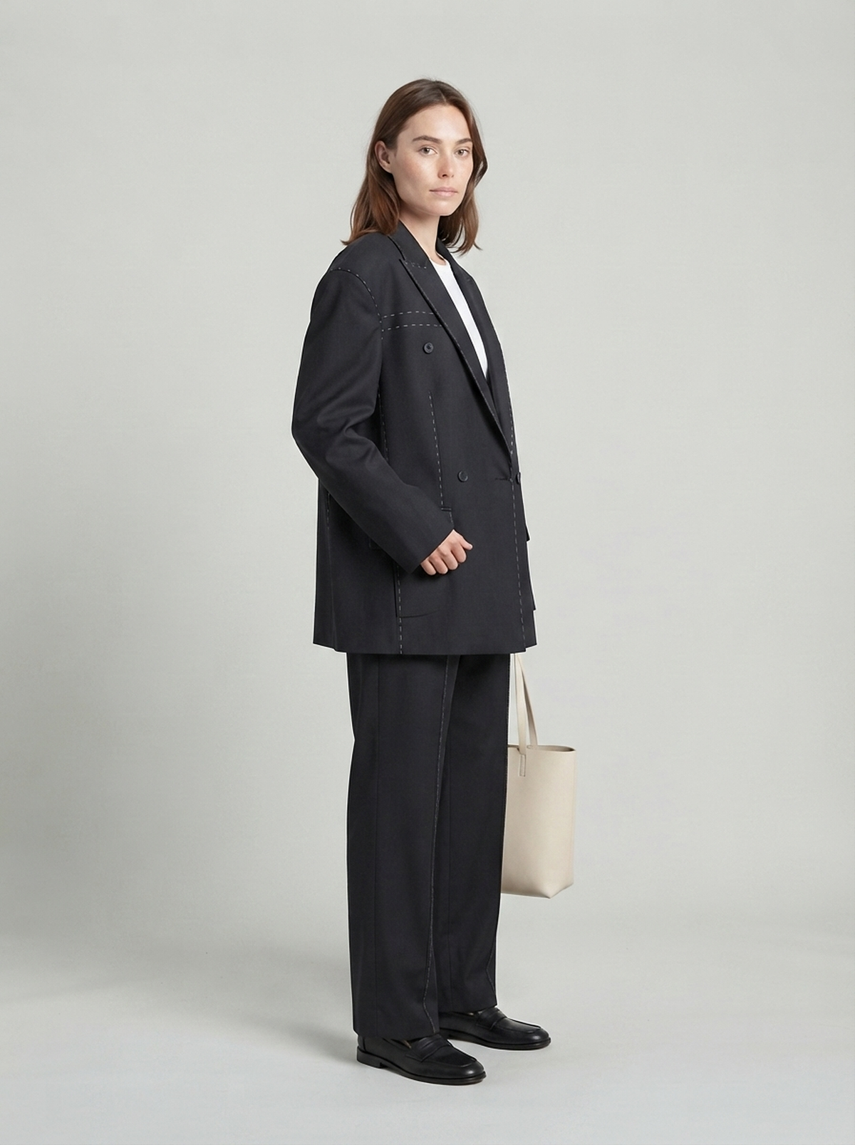 Double-Breasted Blazer and Straight Trouser Set - fabric detail view