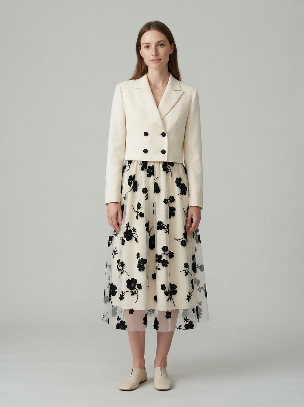 Double-Breasted Jacket and Mesh Dress Set - front view