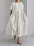 Women's Elegant Long Dress – Linen Blend with Vine Embroidery