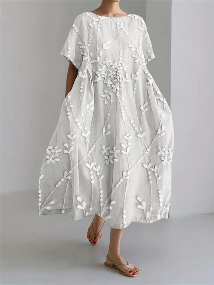 Matilda ™ | Elegant long dress in linen blend with vine embroidery