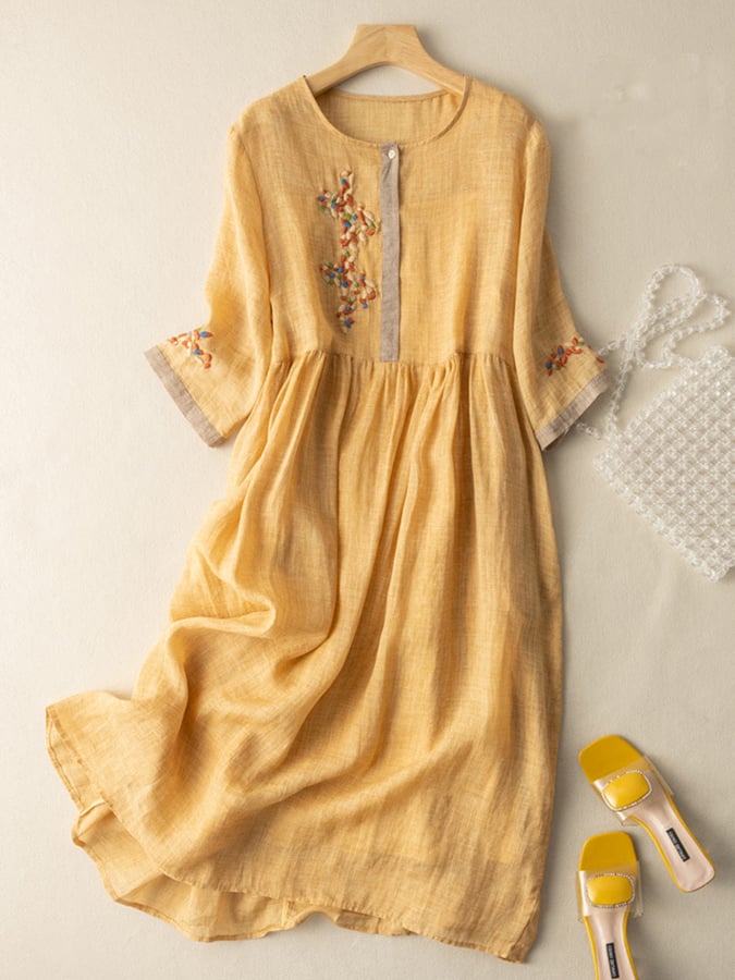 Naomi | Ethnic-Style Embroidered Cotton & Linen Dress