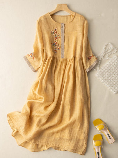 Naomi | Ethnic-Style Embroidered Cotton & Linen Dress