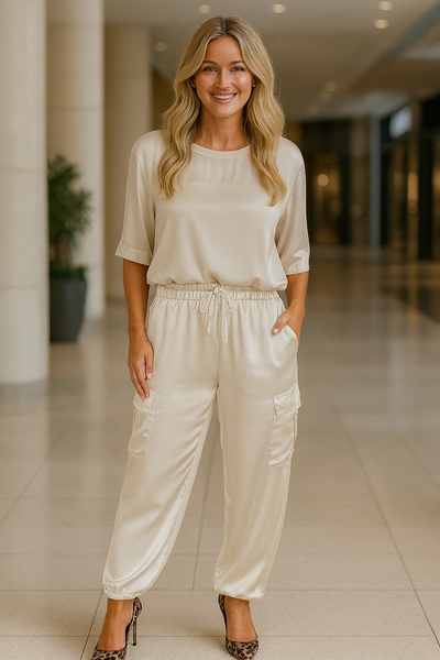 Joanne™ | Smooth Satin Half Sleeve Top and Pants Set