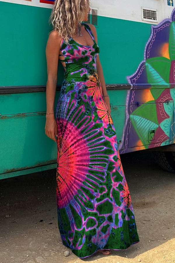 Helena™ | Tie-dye Print Back Lace-up Stretch Maxi Dress