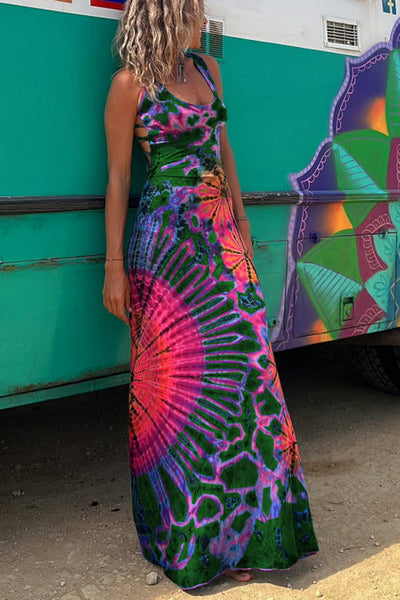 Helena™ | Tie-dye Print Back Lace-up Stretch Maxi Dress