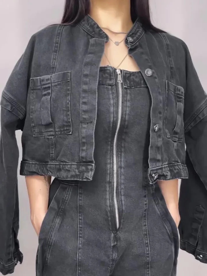 Belinda™ | Chic Denim Zipper Jumpsuit with Matching Jacket Set