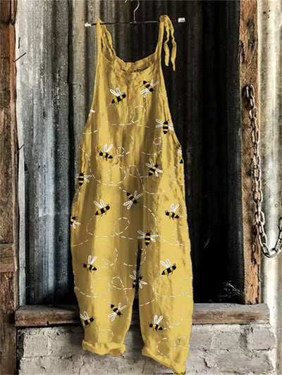 Monica ™ | Flying Bees Embroidery Pattern Casual Cotton Wide Leg Jumpsuit
