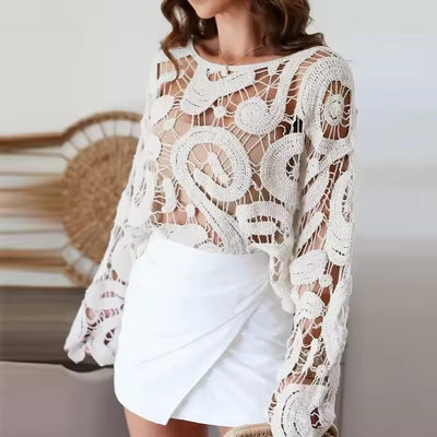 Women's™ | Solid Color Round Neck Water-soluble Embroidery Trumpet Sleeve Tops