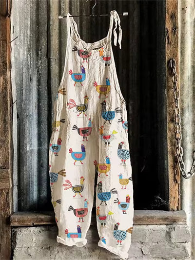 Women's™ | Funny Farm Chicken Pattern Casual Cotton Wide Leg Jumpsuit