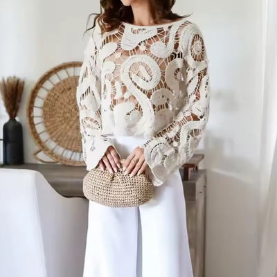 Women's™ | Solid Color Round Neck Water-soluble Embroidery Trumpet Sleeve Tops