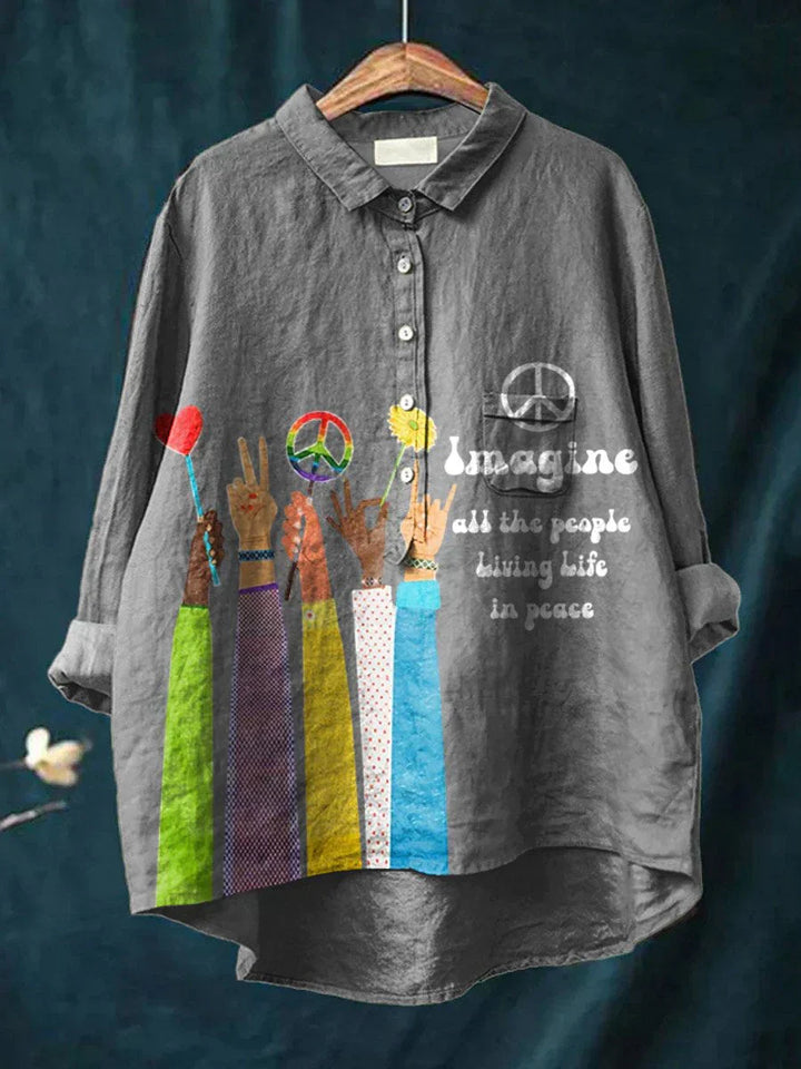 Peace Hippie-Inspired Art Shirt front view with colourful arms, peace signs and "Imagine all the people living life in