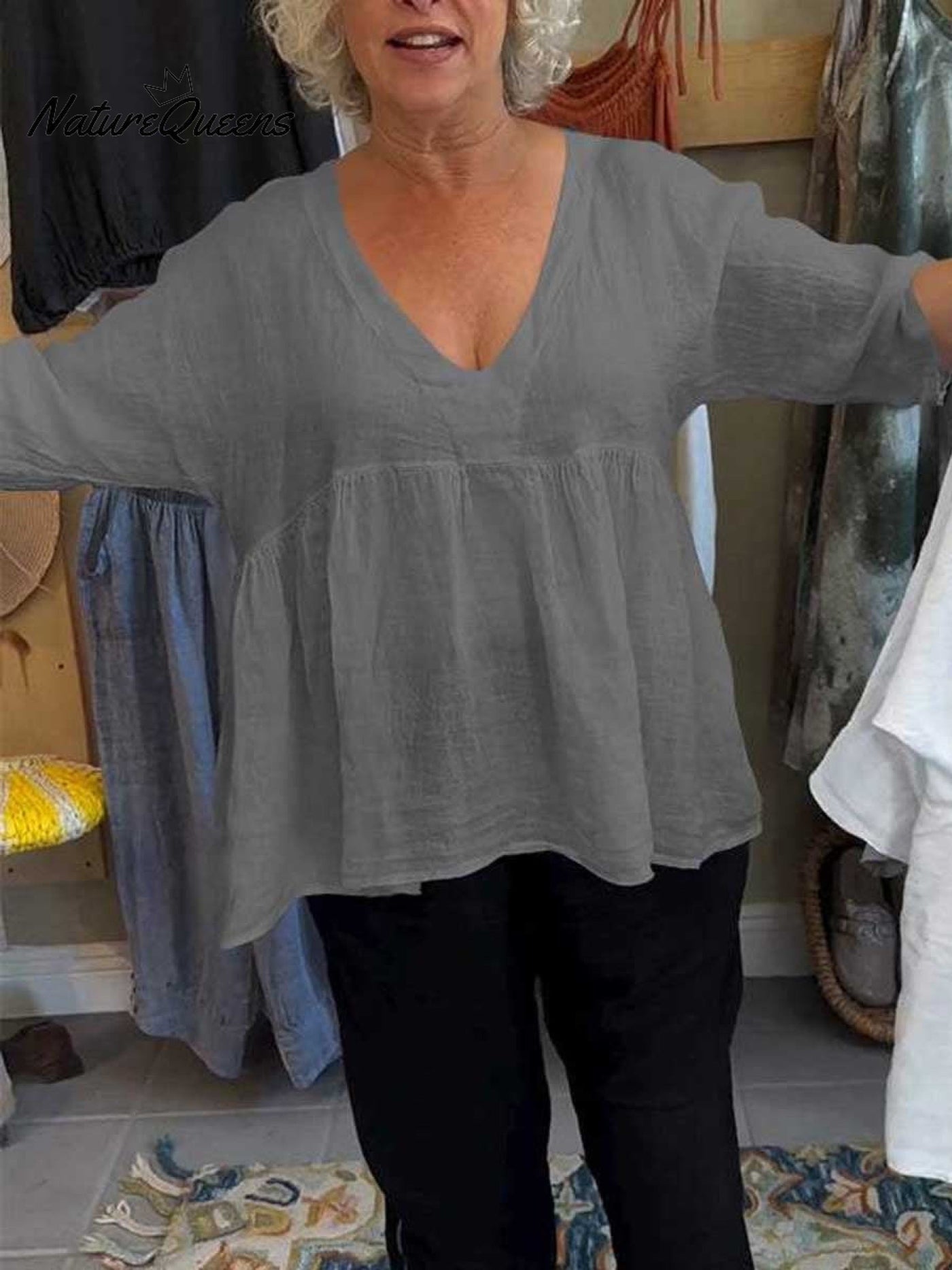 Loose™ | Women's 3/4 Sleeve V-Neck Cotton and Linen Solid Color Shirt