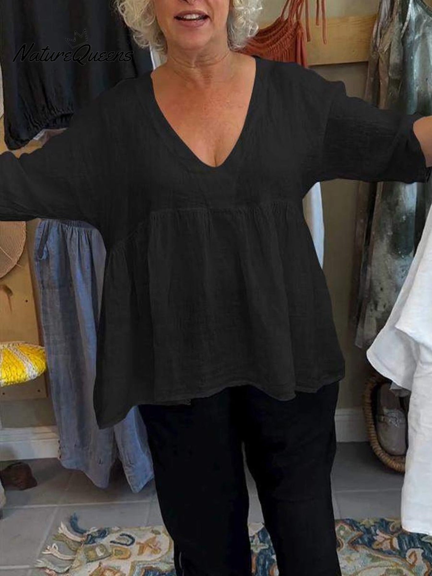 Loose™ | Women's 3/4 Sleeve V-Neck Cotton and Linen Solid Color Shirt