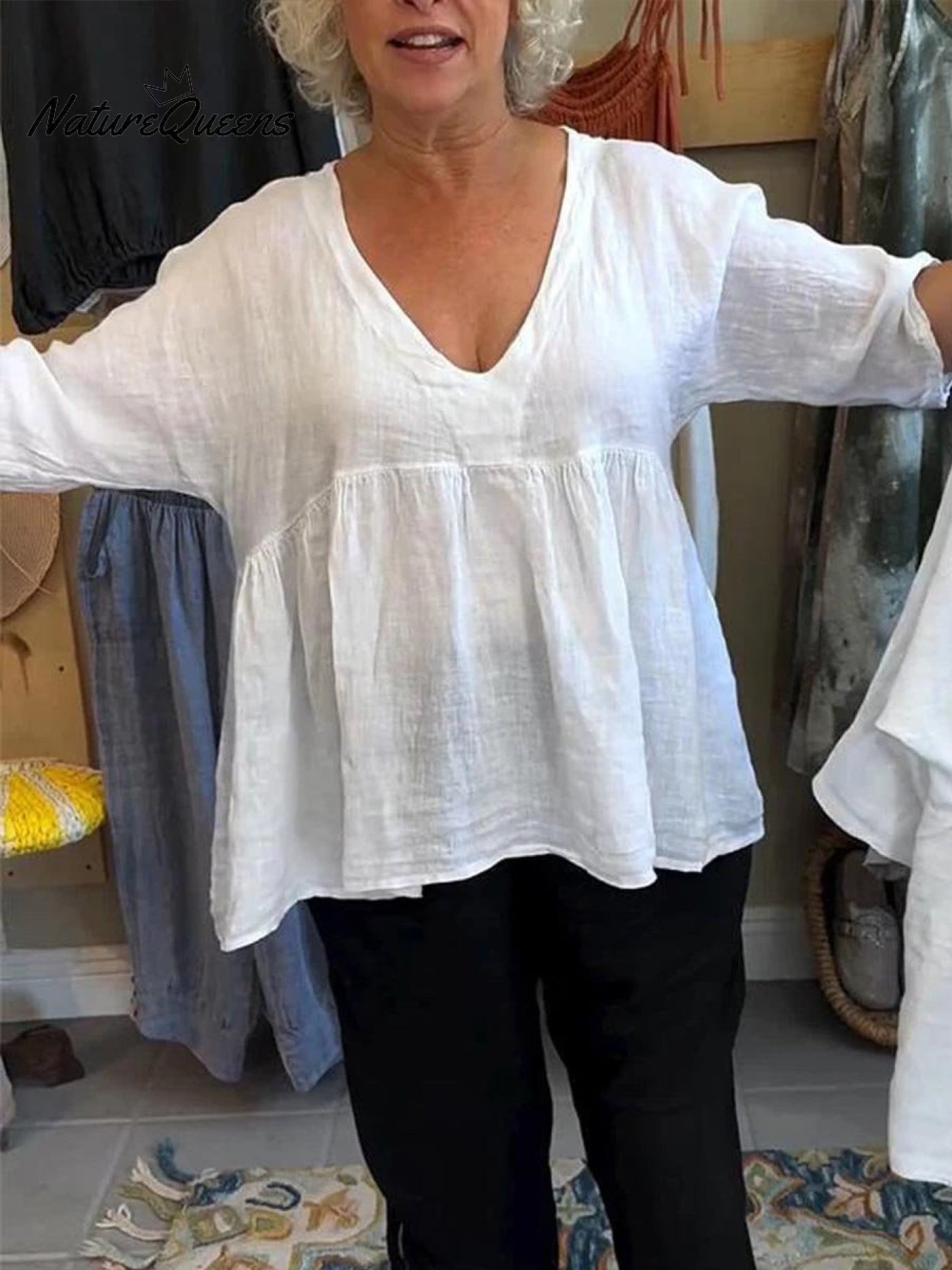 Loose™ | Women's 3/4 Sleeve V-Neck Cotton and Linen Solid Color Shirt