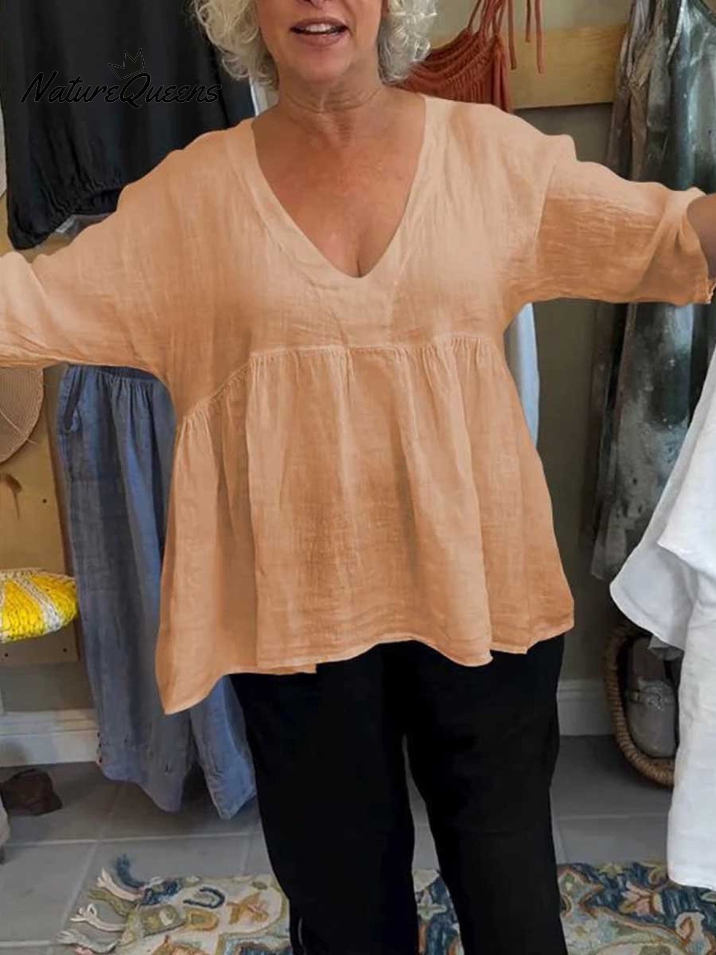 Loose™ | Women's 3/4 Sleeve V-Neck Cotton and Linen Solid Color Shirt