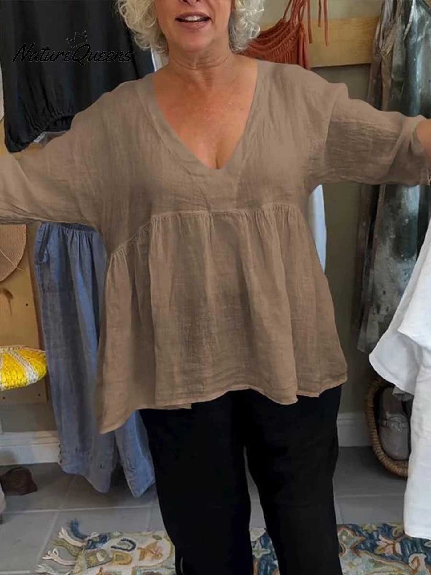 Loose™ | Women's 3/4 Sleeve V-Neck Cotton and Linen Solid Color Shirt