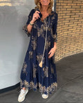 Women's Vintage Flowy Dress – A-Line V-Neck Cotton