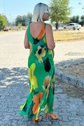 Women's Floral Silk Chiffon Maxi Dress – U-Neckline