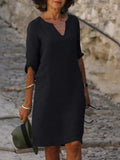 Women's Vintage Solid Mini Dress – V-Neck Three-Quarter Sleeve