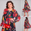 Women's Long-Sleeve A-Line Floral Dress – Round Neck