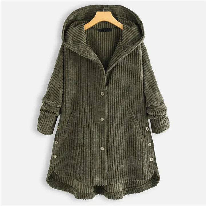 Back view of a khaki corduroy hooded button-up coat with a curved hem and side button details on a hanger