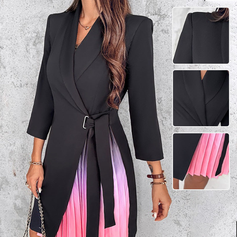 Hilary™ | Pleated Blazer Dress with Lapel Collar and Tie Waist