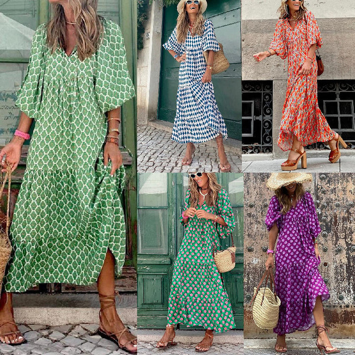 Worn by model, a collage of five women in boho puff sleeve maxi dresses with geometric prints in various colours
