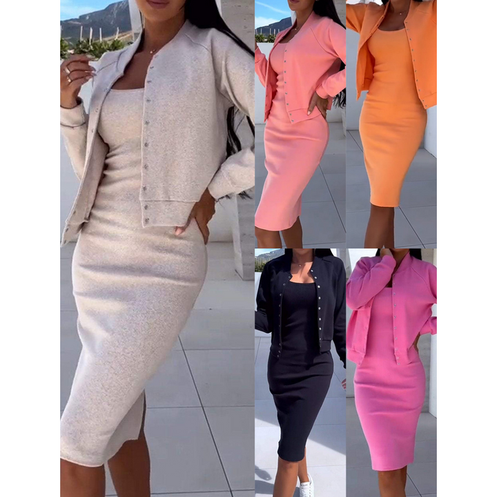 Front view of five women wearing a figure-hugging dress and jacket set in beige, pink, orange, black, and hot pink