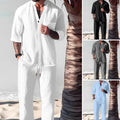 Women's Cotton-Linen V-Neck Top and Trouser Set