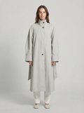 Stand-Collar Self-Belt Longline Trench Coat in Gray