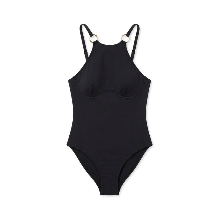 Front view of a black halter neck one-piece swimsuit with gold O-ring hardware at the shoulders