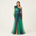 Women's Emerald Green Single Sleeve Tulle Evening Dress