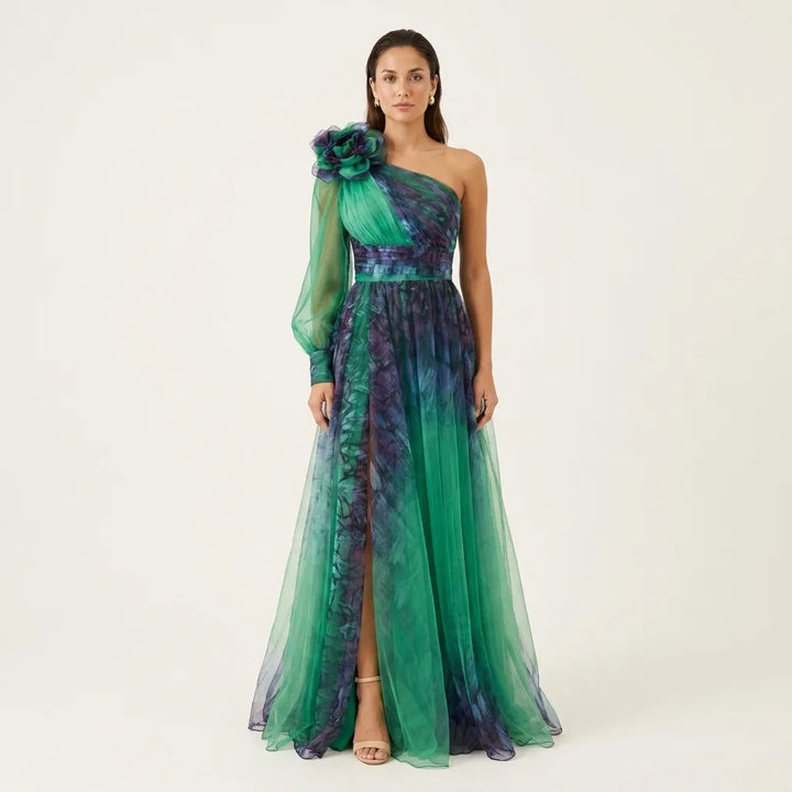 Emerald green one shoulder tulle evening gown with sheer puffed sleeve and shoulder rosette, front view
