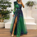 Women's Light Green Single Sleeve Tulle Evening Dress