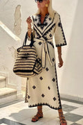 Women's Printed Waist Tie Midi Dress – Linen Blend